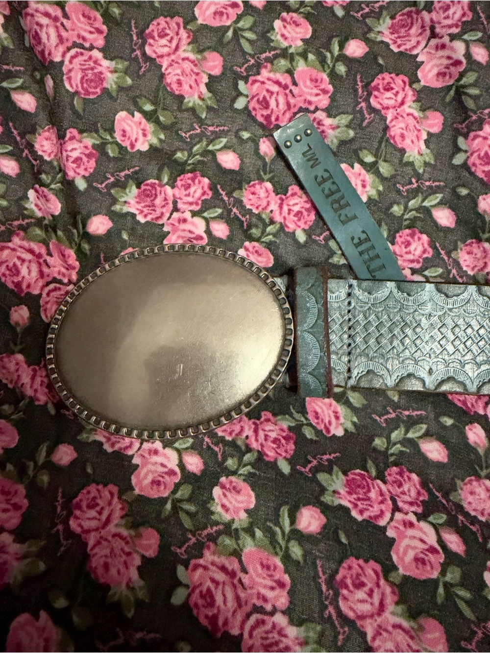 We The Free Teal Tooled Leather Belt with Oval Metal Buckle
